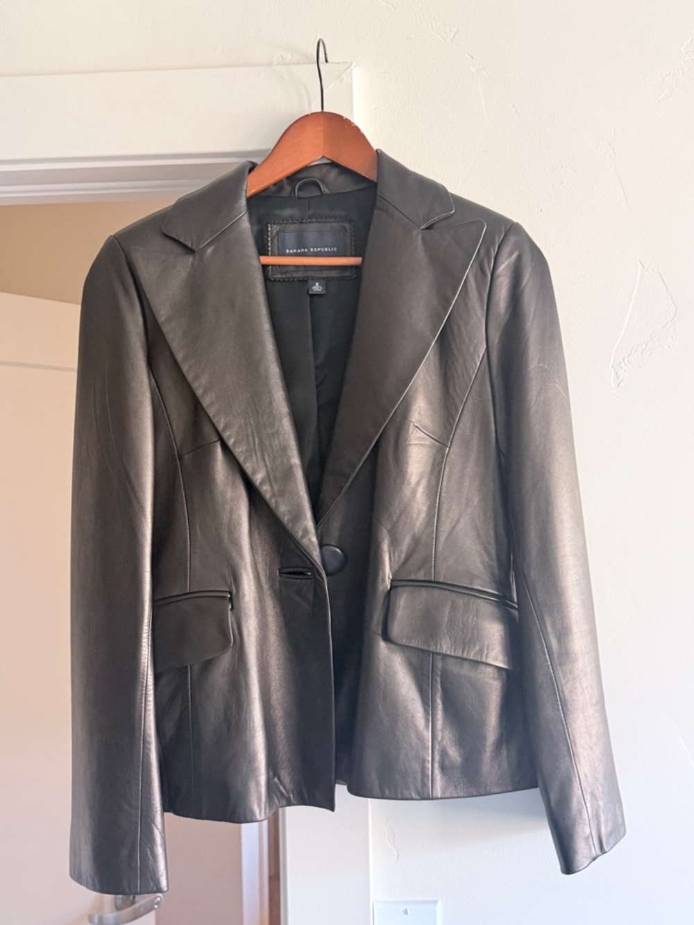 Banana Republic Black Leather Blazer Jacket with Notch Lapel